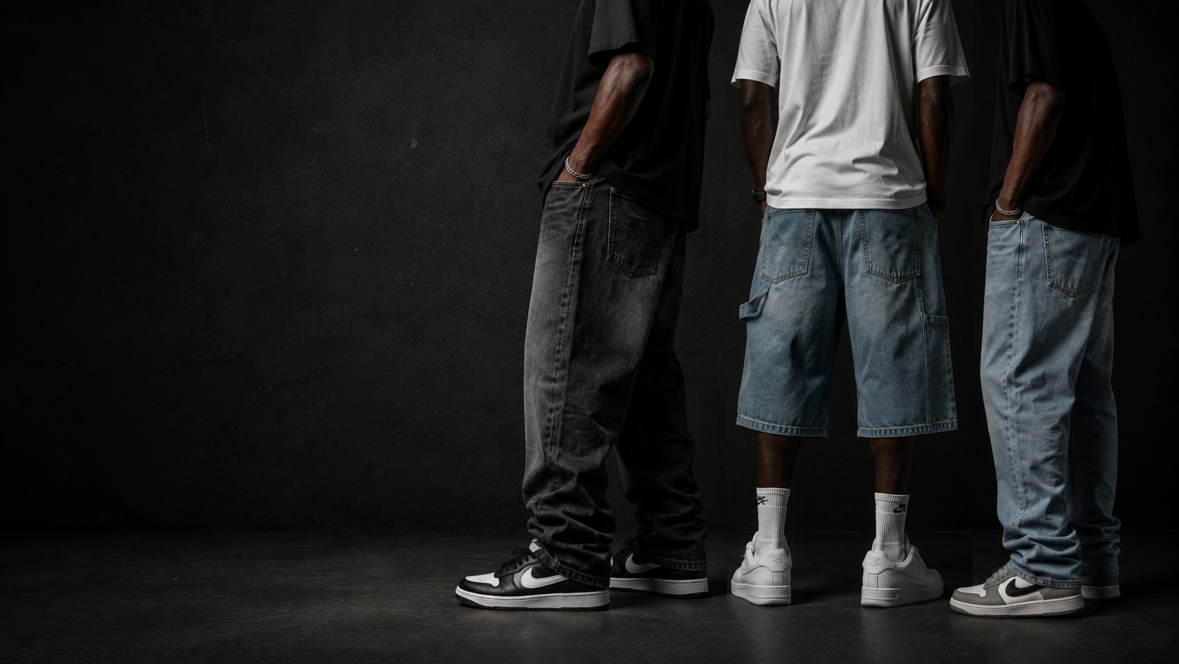 Modelos vestindo calças e bermudas masculinas streetwear, campanha Box do Bráz